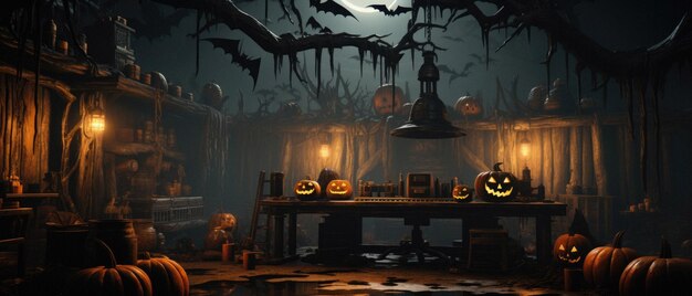 Abóboras assustadoras de fundo assustador de Halloween no quarto da casa fantasma de terror assustador