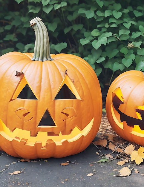 Abóboras assustadoras de fundo de Halloween na floresta Conceito de Halloween tom vermelho AI Gerar