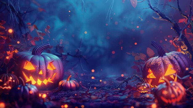Abóboras assustadoras de Halloween em uma floresta com efeitos de feitiço e luzes cintilantes