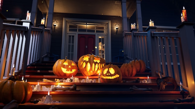 Foto abóboras assustadoras de halloween no quintal abóbora assustadora de férias