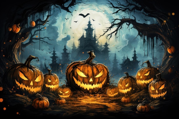 Abóboras assustadoras na floresta contra a cidade assombrada na noite de Halloween generativa AI Cena assustadora em madeira escura e assustadora Fantasia do Helloween medo horror e conceito de outono