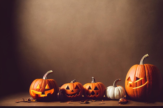 Abóboras assustadoras no chão feriado de Halloween