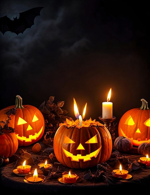 Abóboras aterrorizantes com velas para o Halloween Abóboras de outono com velas de Halloween geradas por IA