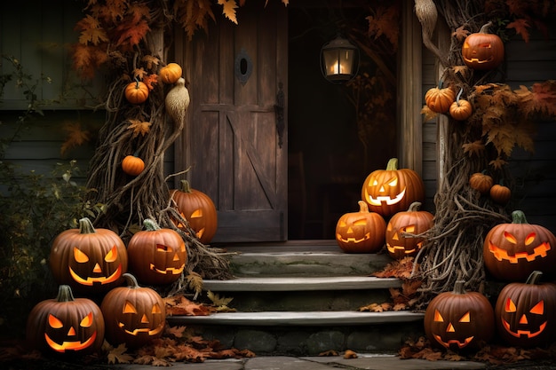 Abóboras brilhantes de Halloween perto da porta