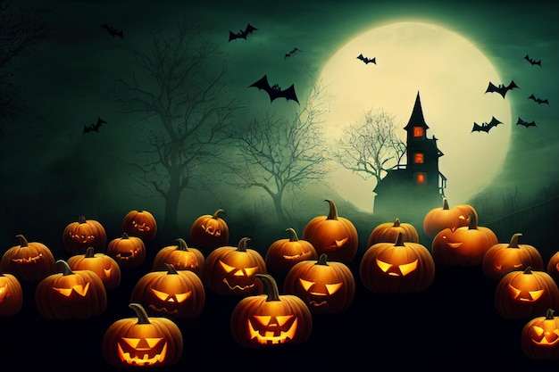 Abóboras com festa de Halloween brilhante e floresta assustadora com decorações de abóboras laranja de castelo