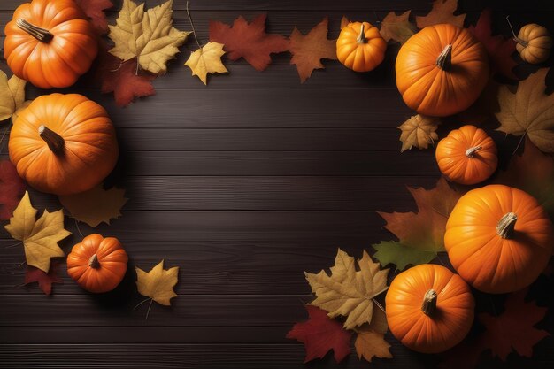 abóboras de agradecimento e folhas de outono em fundo de madeira