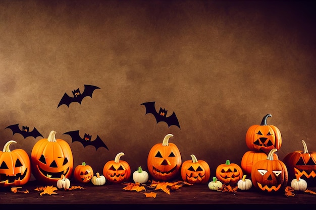 Abóboras de composição de Halloween e abóboras de morcegos com rostos para Halloween