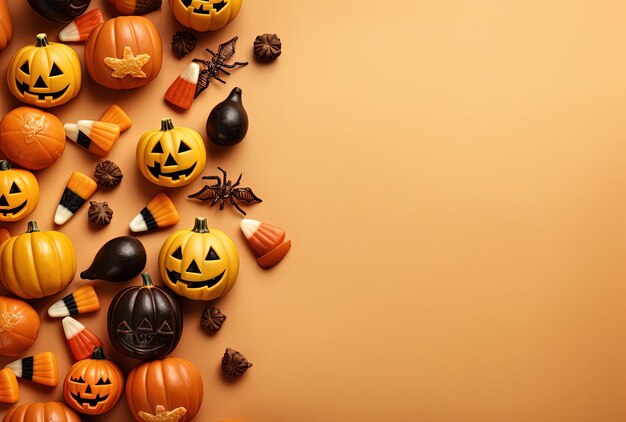 abóboras de doces de halloween e guloseimas em um fundo bege