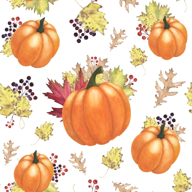 Abóboras de folhas de outono sem costura padrão isoladas no escuro Aquarela desenhada à mão Ilustração de Ação de Graças Arte para design
