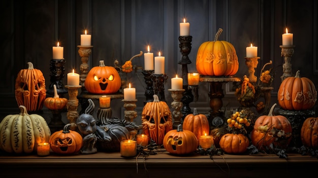 Abóboras de Halloween à luz de velas