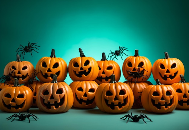 Abóboras de Halloween com aranha em um fundo azul