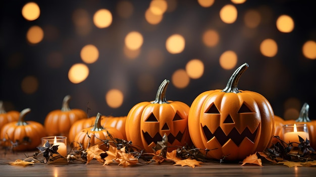 Abóboras de Halloween com cara assustadora em uma mesa com velas e folhas de outono Fundo de espaço de cópia de Halloween Generative ai