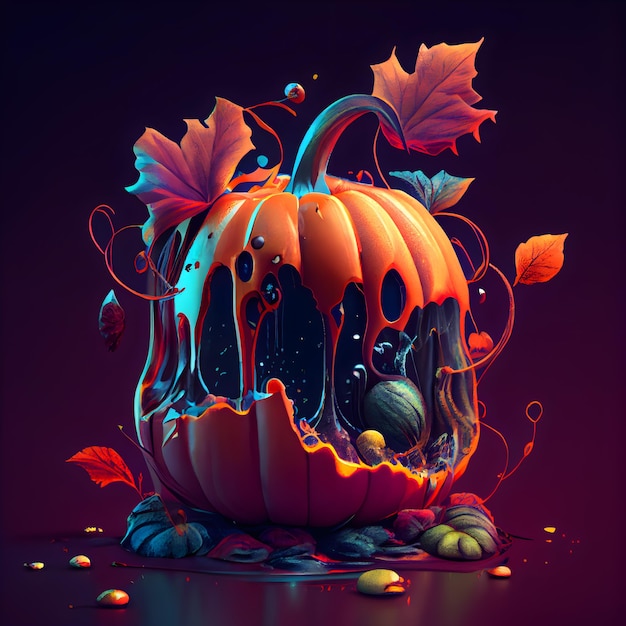 Abóboras de Halloween com folhas de outono e ilustração 3d de doces