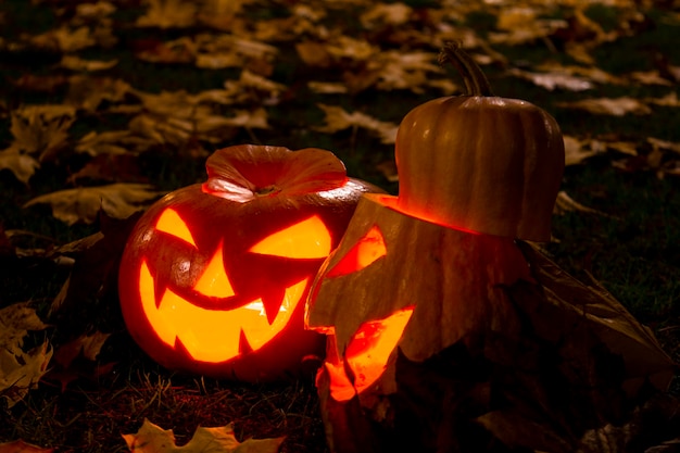 Abóboras de Halloween com rostos demoníacos esculpidos e velas dentro. abóboras festivas na grama em folhas de plátano caídas. Foto noturna.