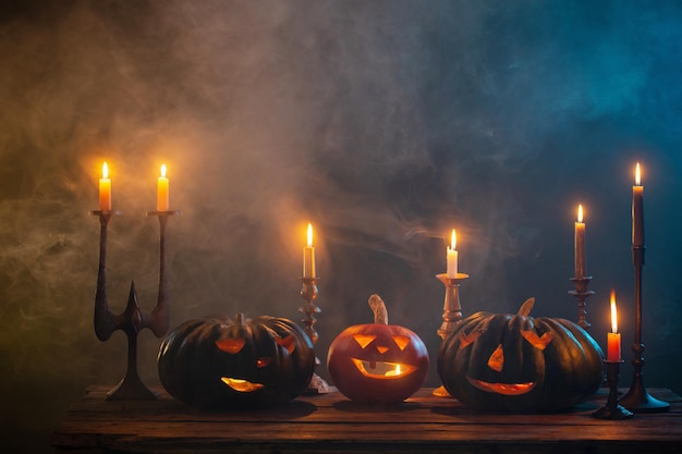 Abóboras de halloween com velas acesas em fundo escuro