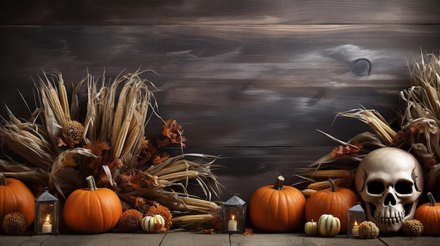 Abóboras de Halloween com velas na mesa de madeira