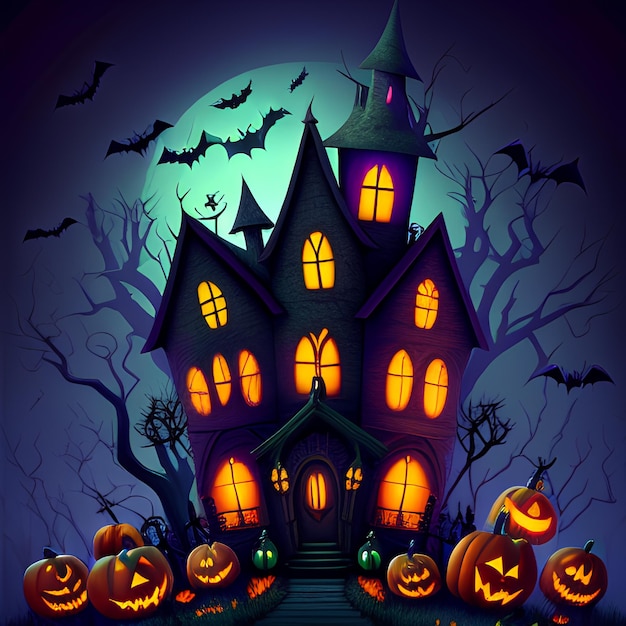 Abóboras de Halloween de floresta e castelo assustadores noturnos