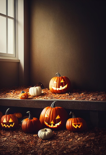 Abóboras de Halloween deitadas na sala de folhagem com janela muitas abóboras com rostos esculpidos