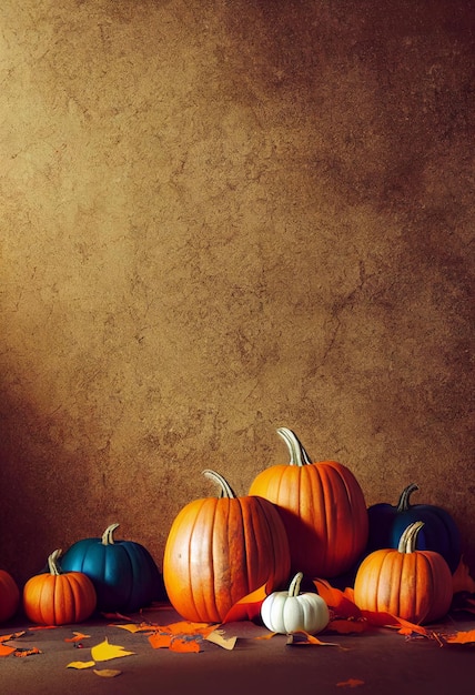 Abóboras de Halloween deitadas no chão abóboras laranja e azuis para o feriado de Halloween