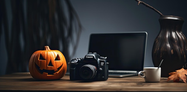 Abóboras de Halloween e câmera em mesa de madeira com espaço para cópias