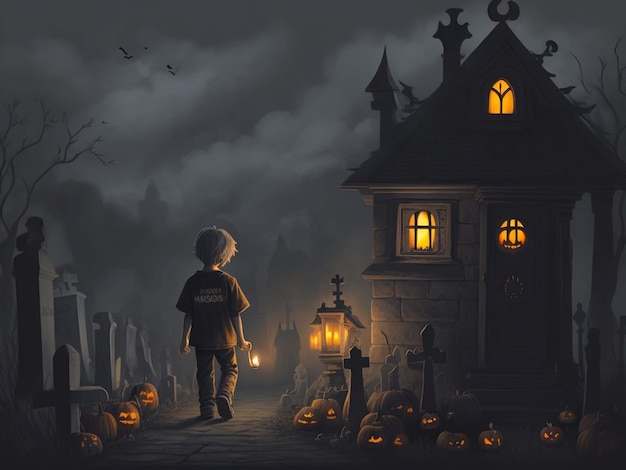 abóboras de halloween e casa assombrada no cemitério crianças pobres carregando uma vela no Cemitério