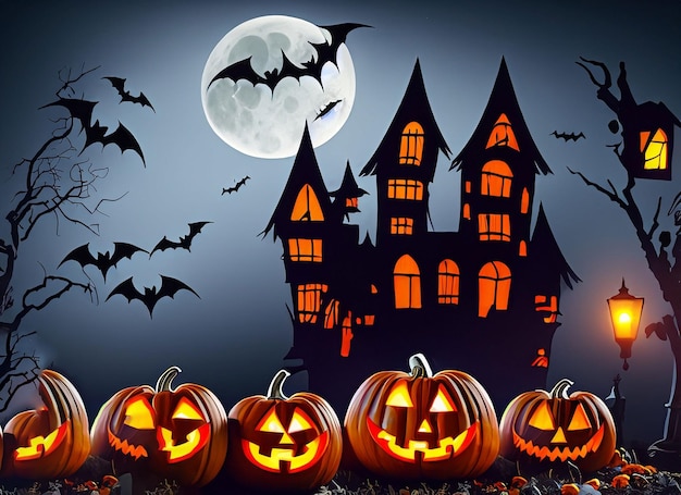 Abóboras de Halloween e castelo assustador na noite de lua cheia e espaço de cópia voadora