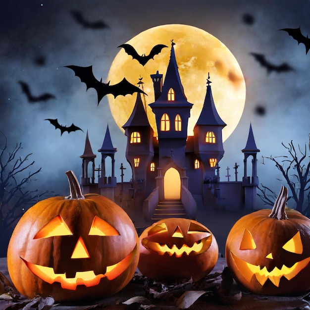 abóboras de Halloween e castelo assustador na noite de lua cheia e morcegos voando Ai Gerado