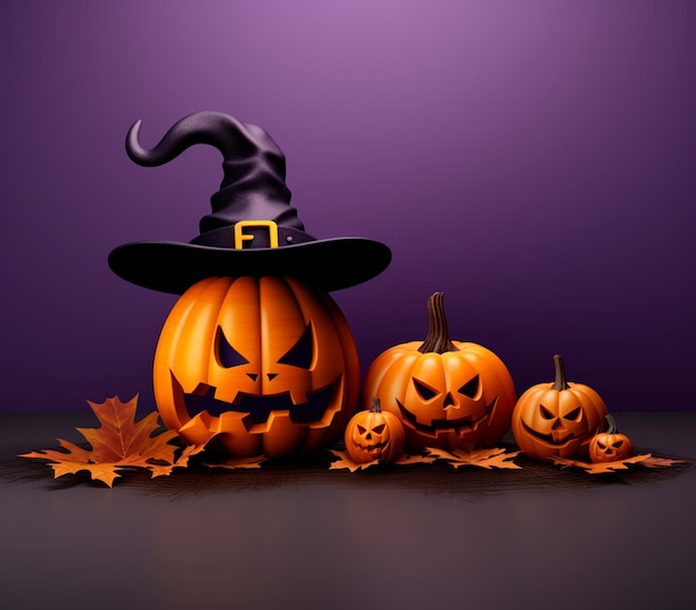 abóboras de halloween e chapéu de bruxa em um fundo roxo