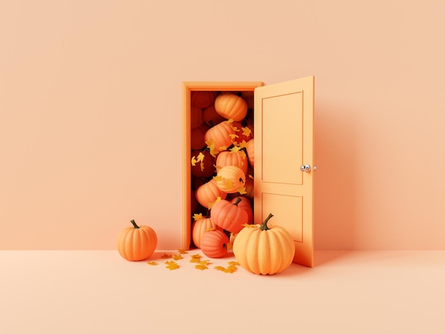 Abóboras de Halloween e folhas de outono na porta do quarto rosa