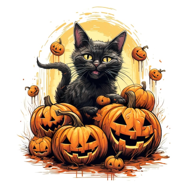 Abóboras de Halloween e ilustrações de gatos