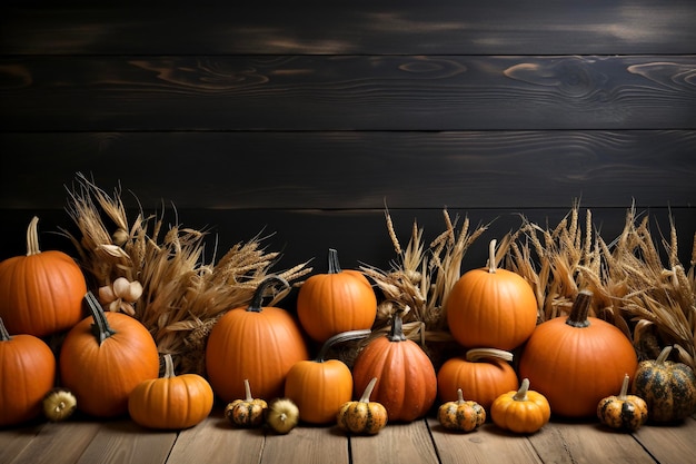 Abóboras de Halloween e milho em fundo de madeira com espaço de cópia