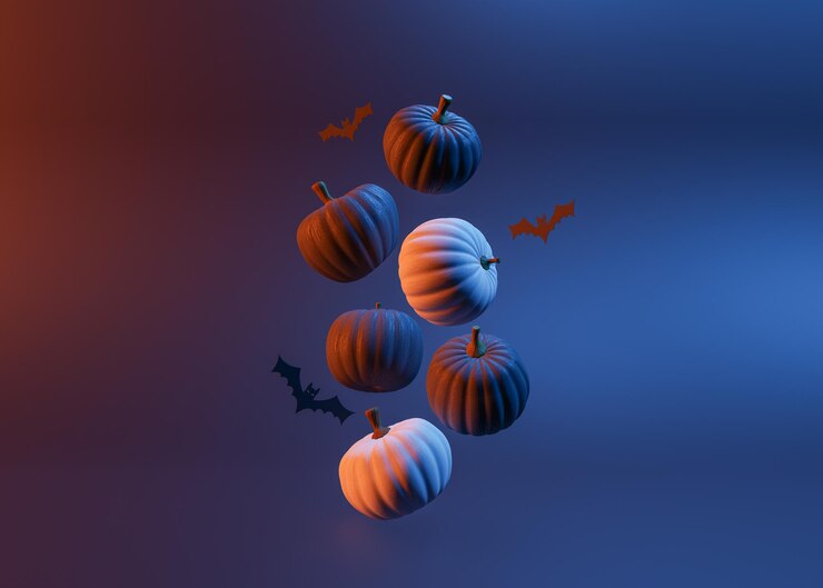 Abóboras de Halloween e morcegos contra um fundo azul