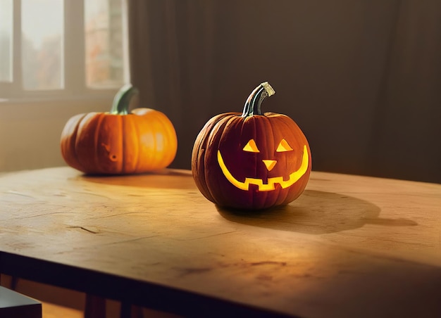 Abóboras de Halloween em cima de uma mesa de madeira