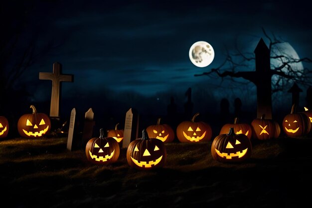 Abóboras de Halloween em frente a um cemitério com uma lua cheia atrás delas.