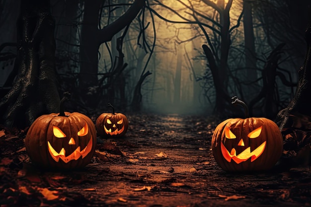 Abóboras de Halloween em madeira em uma floresta assustadora à noite