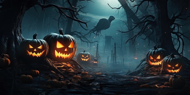 Abóboras de Halloween em madeira em uma floresta assustadora à noite