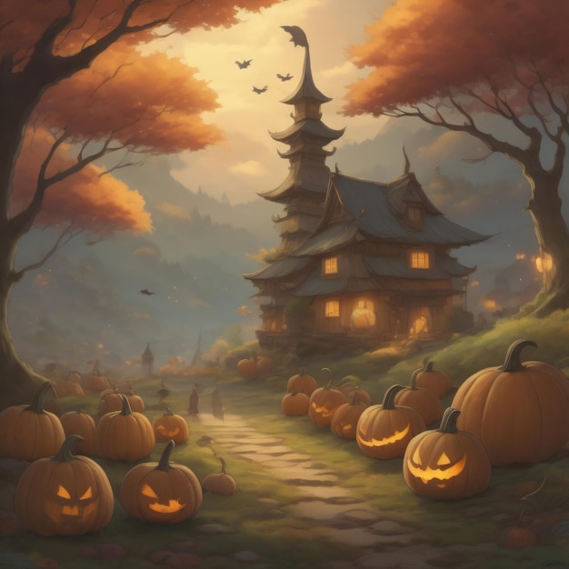 Abóboras de Halloween em uma floresta com uma casa ao fundo.