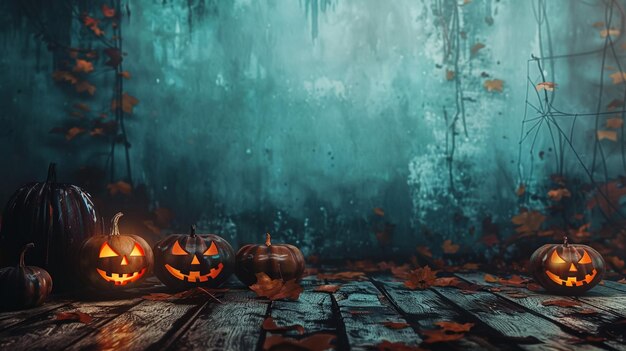 abóboras de halloween em uma floresta escura com um fundo azul