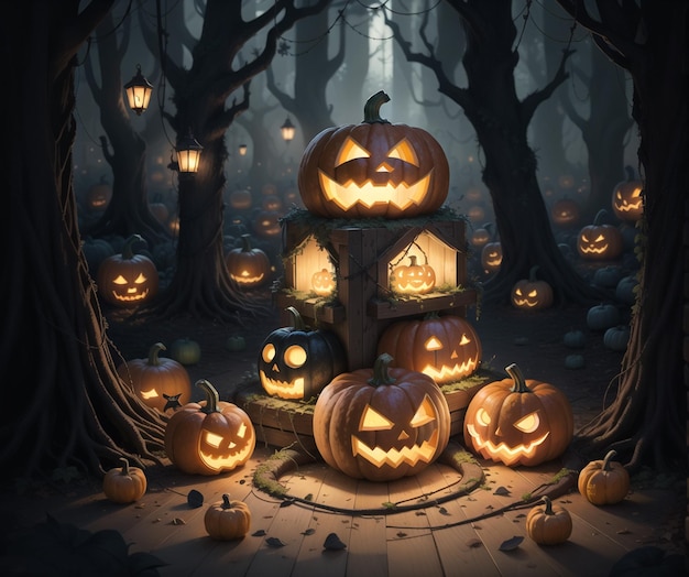 Abóboras de Halloween em uma floresta escura com uma lanterna e luzes.