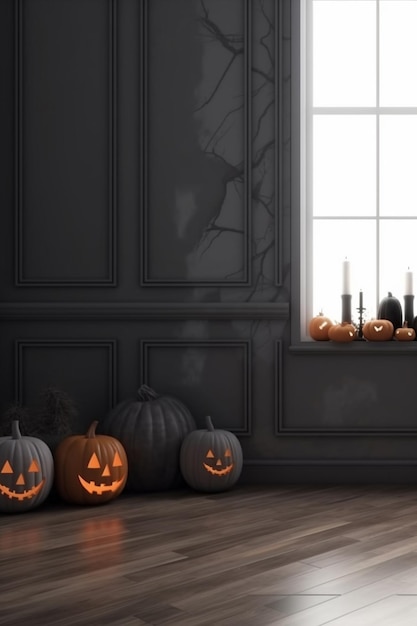 Abóboras de Halloween em uma janela com velas e velas.