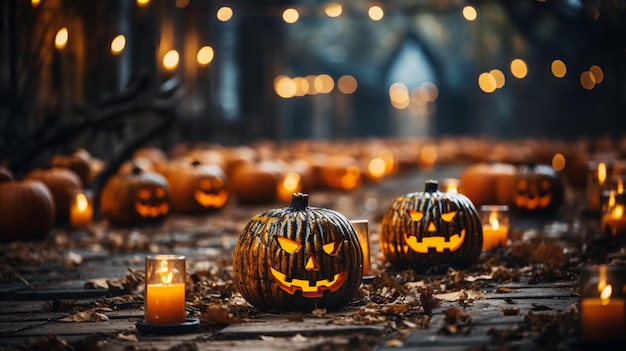 abóboras de Halloween em uma mesa com velas