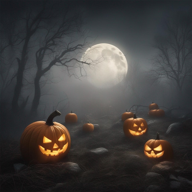 Abóboras de Halloween em uma paisagem nebulosa iluminada pela lua