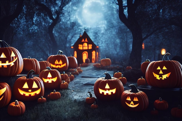 Abóboras de Halloween esculpidas e casa assombrada na floresta