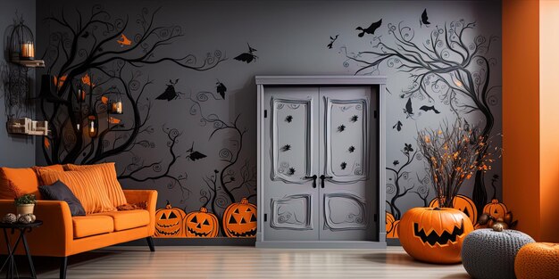 Foto abóboras de halloween estão alinhadas em uma sala com uma porta e uma porta que diz im no meio