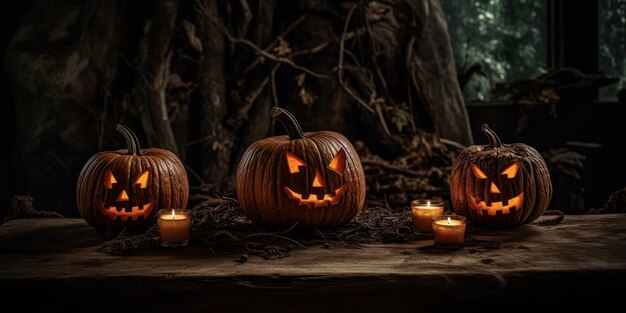 Abóboras de Halloween iluminadas em uma mesa velha