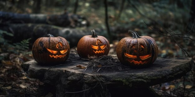 Abóboras de Halloween iluminadas em uma mesa velha