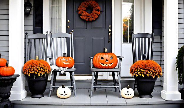Abóboras de Halloween, lanternas, flores e cadeiras na varanda da frente, temporada de decoração externa da casa