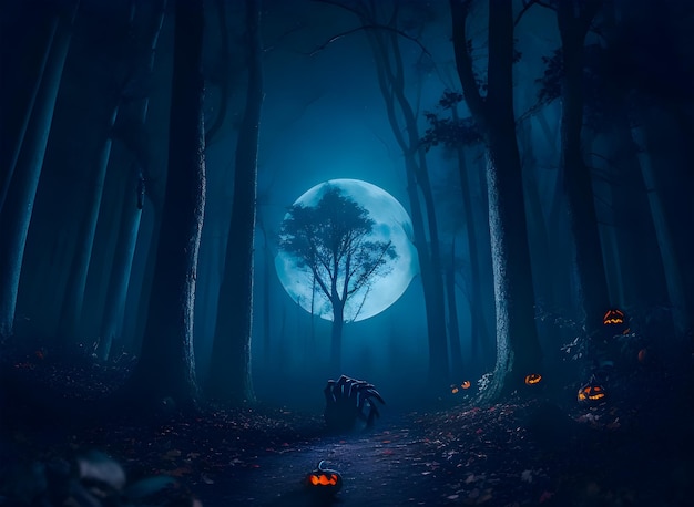 abóboras de Halloween na floresta assombrada à noite fundo desfocado generativo ai