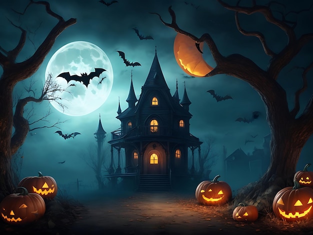 abóboras de halloween na frente de uma casa com uma lua cheia atrás deles