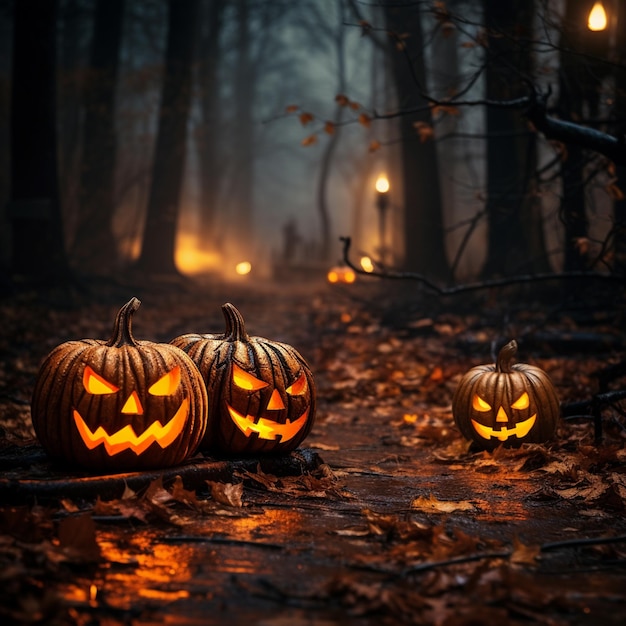 Abóboras de Halloween na madeira em uma floresta assustadora à noite